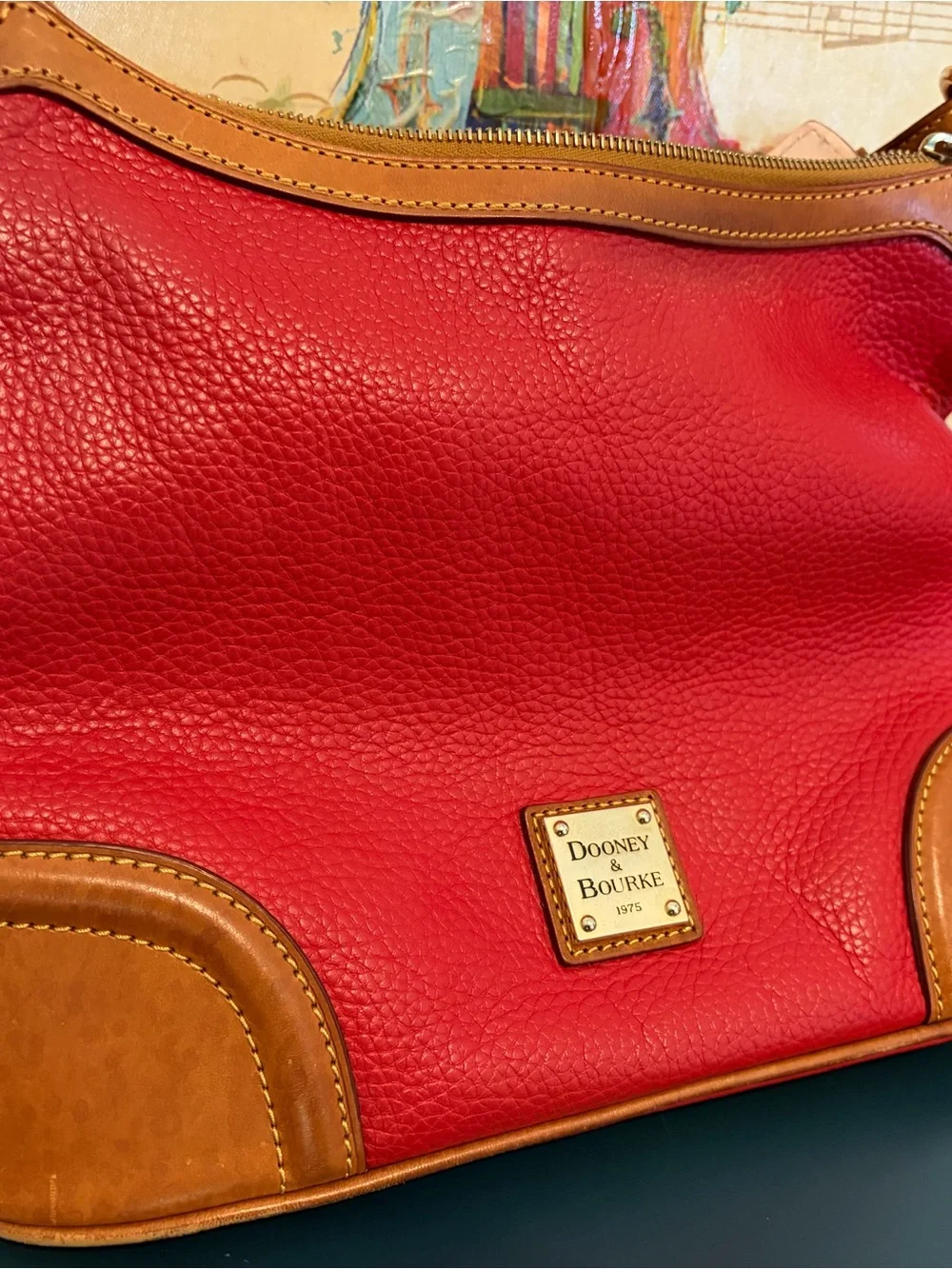 Dooney & Bourke Red Leather Shoulder Bag with Tan Trim